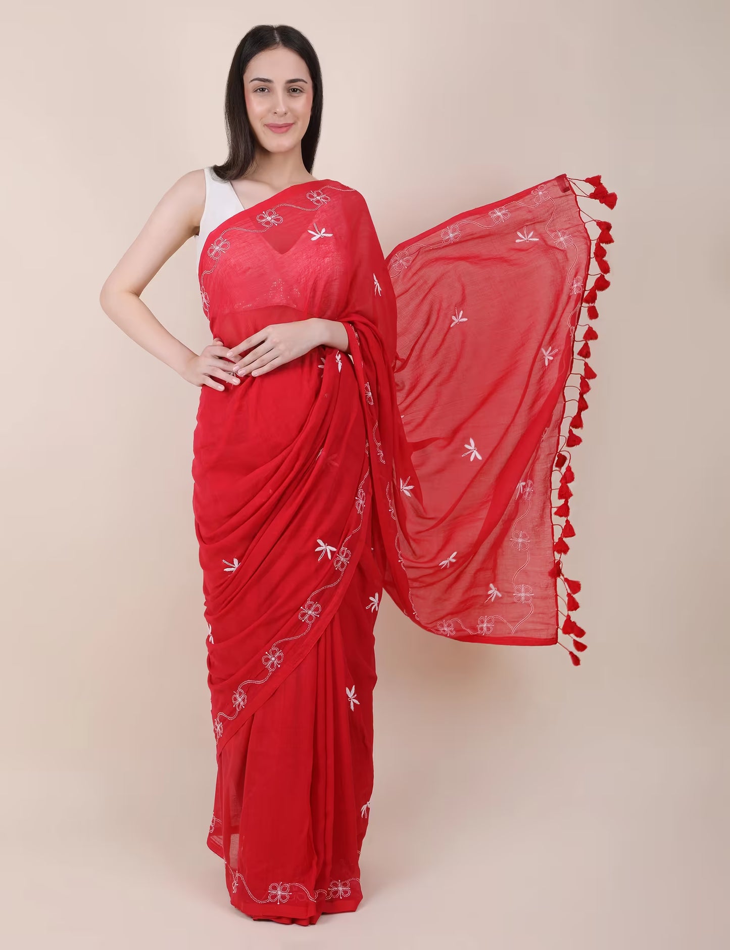 Shwet Women Red Hand Embroidered Chikankari mulmul saree - Shwet Artistry