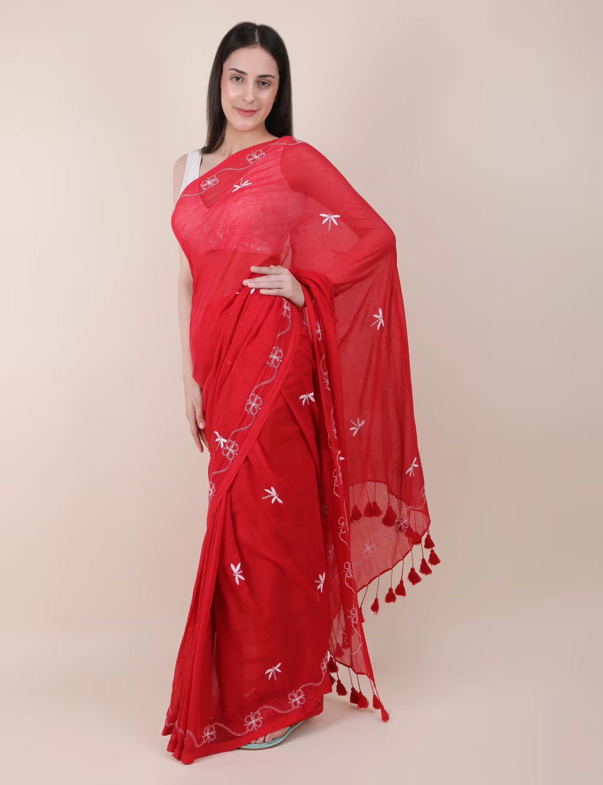 Shwet Women Red Hand Embroidered Chikankari mulmul saree - Shwet Artistry