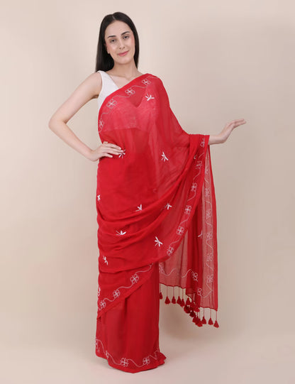 Shwet Women Red Hand Embroidered Chikankari mulmul saree - Shwet Artistry