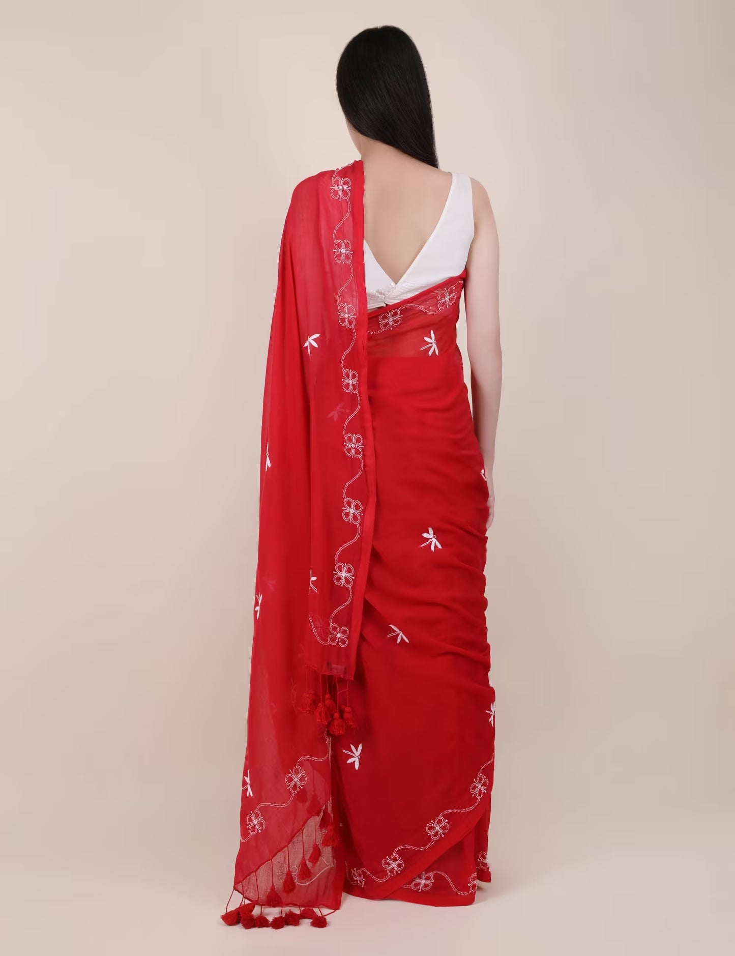 Shwet Women Red Hand Embroidered Chikankari mulmul saree - Shwet Artistry