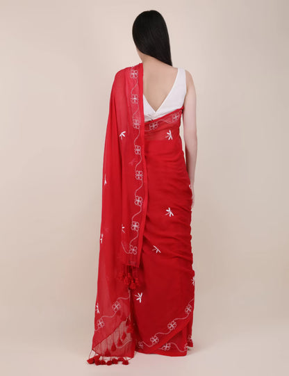 Shwet Women Red Hand Embroidered Chikankari mulmul saree - Shwet Artistry