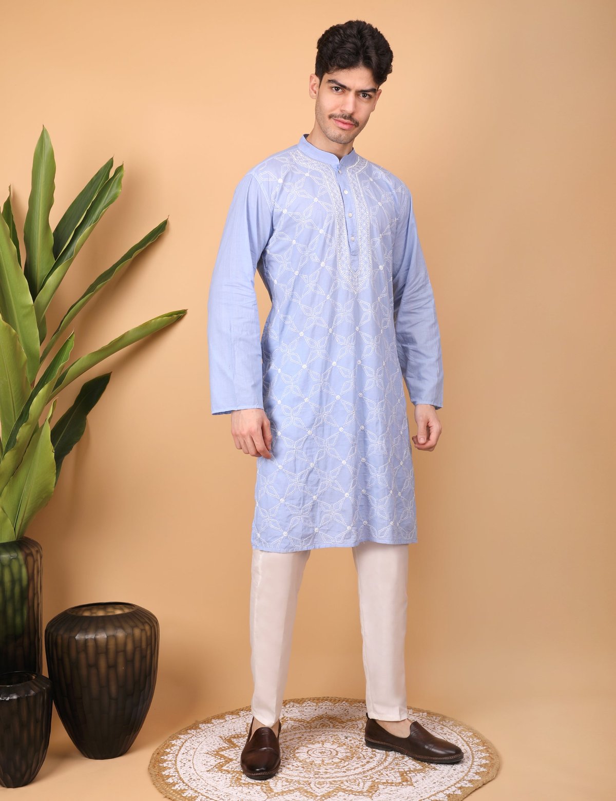 Shwet Men Cotton Light blue Chikankari Kurta - Handcrafted Chikankari embroidery, close-up detail. Premium quality fabric.