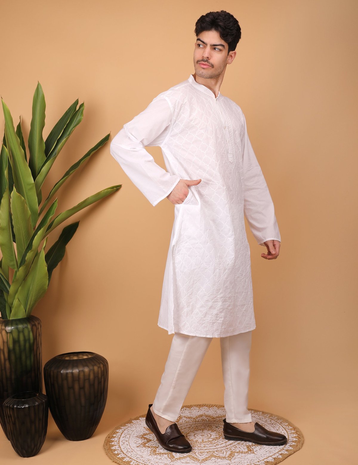 Shwet Men Cotton White Chikankari Kurta - Handcrafted Chikankari embroidery, styling example. Premium quality fabric.