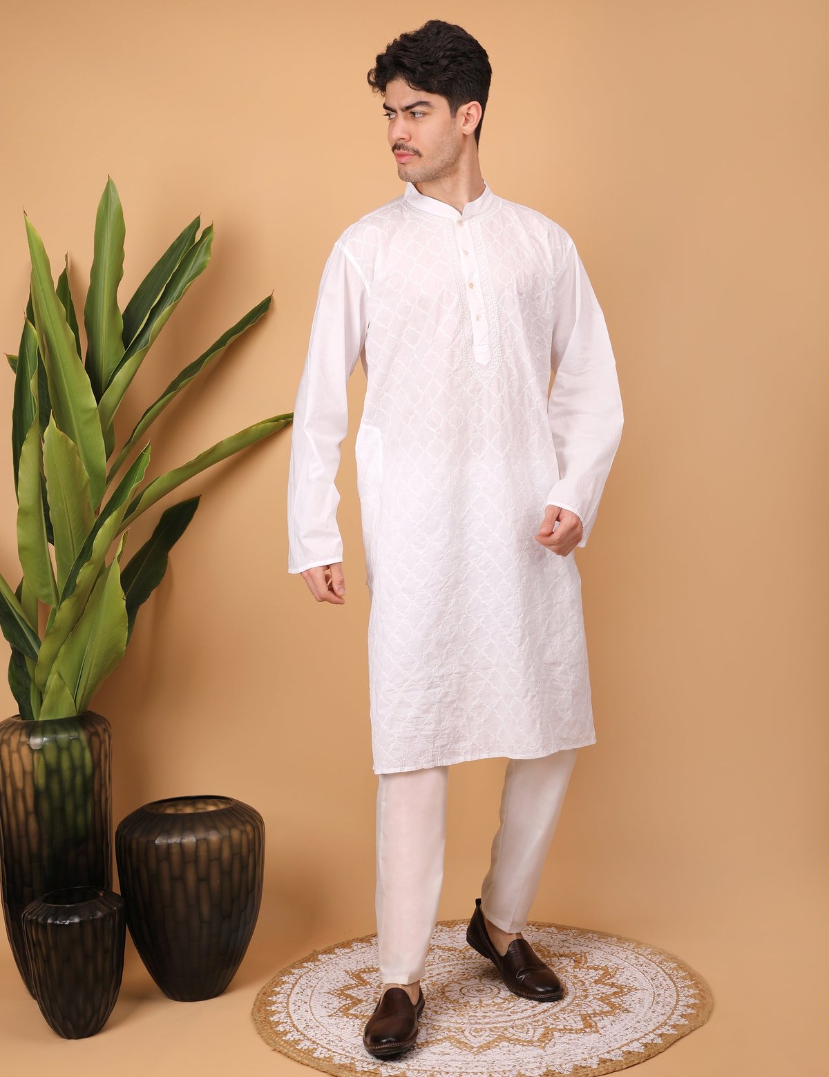 Shwet Men Cotton White Chikankari Kurta - Handcrafted Chikankari embroidery. Premium quality fabric.