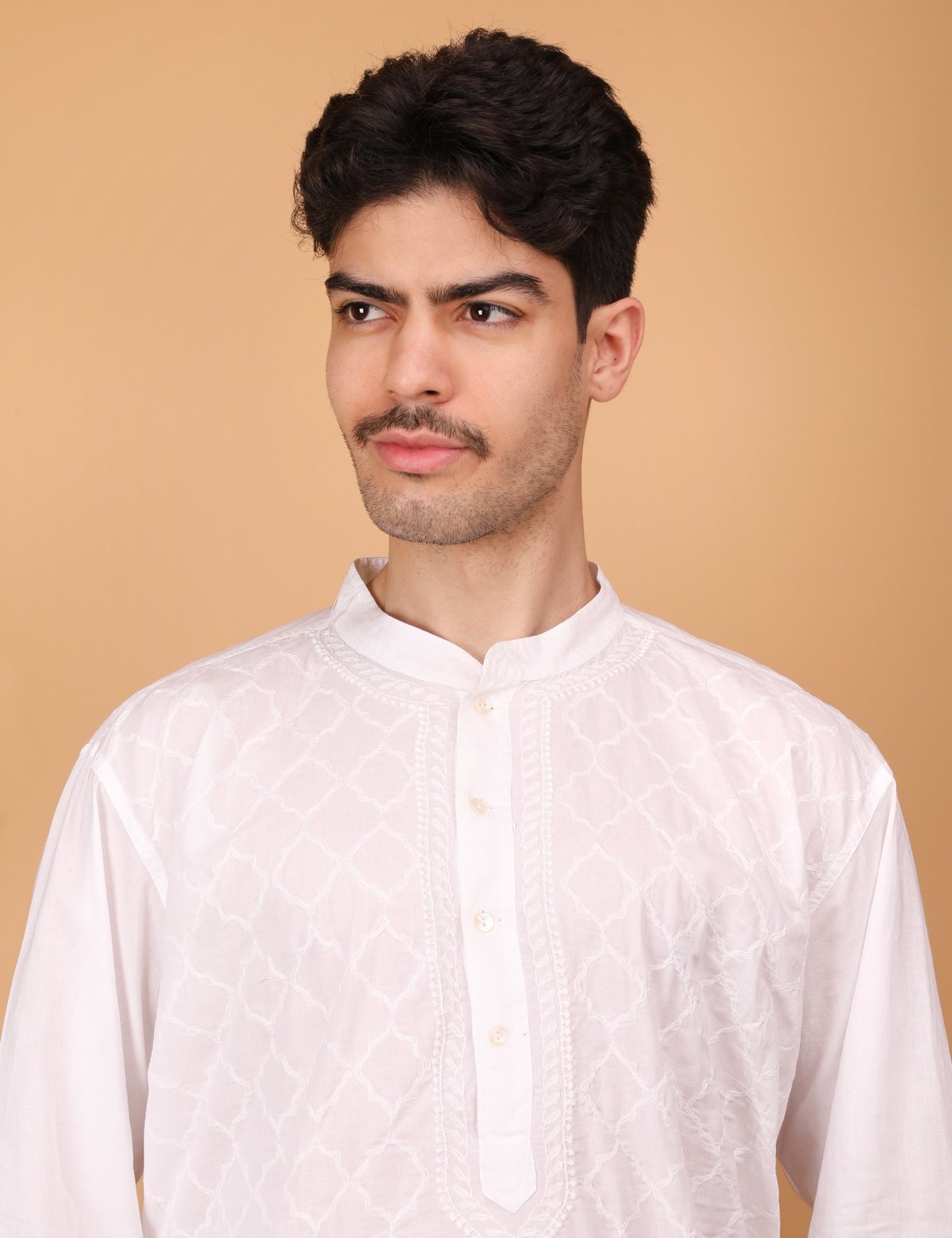 Shwet Men Cotton White Chikankari Kurta - Handcrafted Chikankari embroidery. Premium quality fabric.