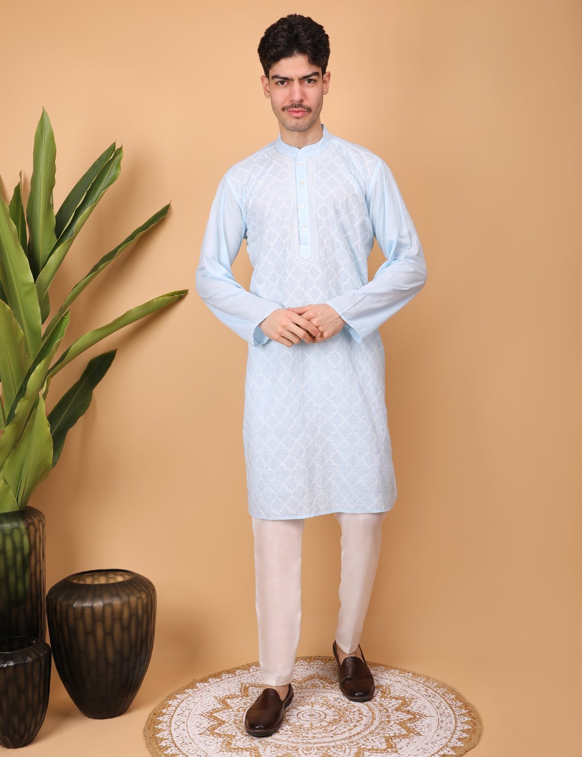 Shwet Men Cotton Sky blue Chikankari Kurta - Handcrafted Chikankari embroidery, front view. Premium quality fabric.
