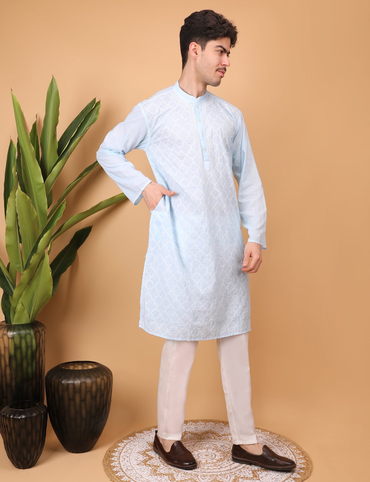Shwet Men Cotton Sky blue Chikankari Kurta - Handcrafted Chikankari embroidery, styling example. Premium quality fabric.