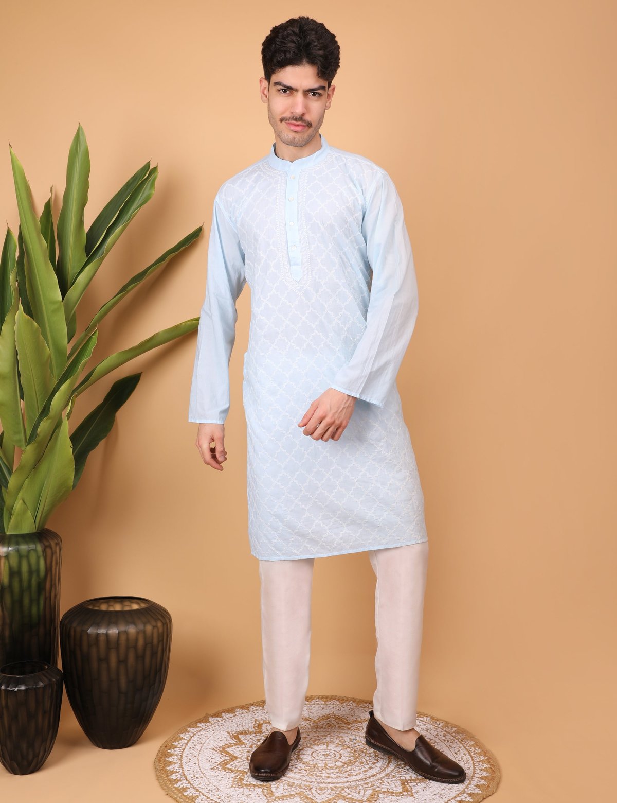 Shwet Men Cotton Sky blue Chikankari Kurta - Handcrafted Chikankari embroidery. Premium quality fabric.