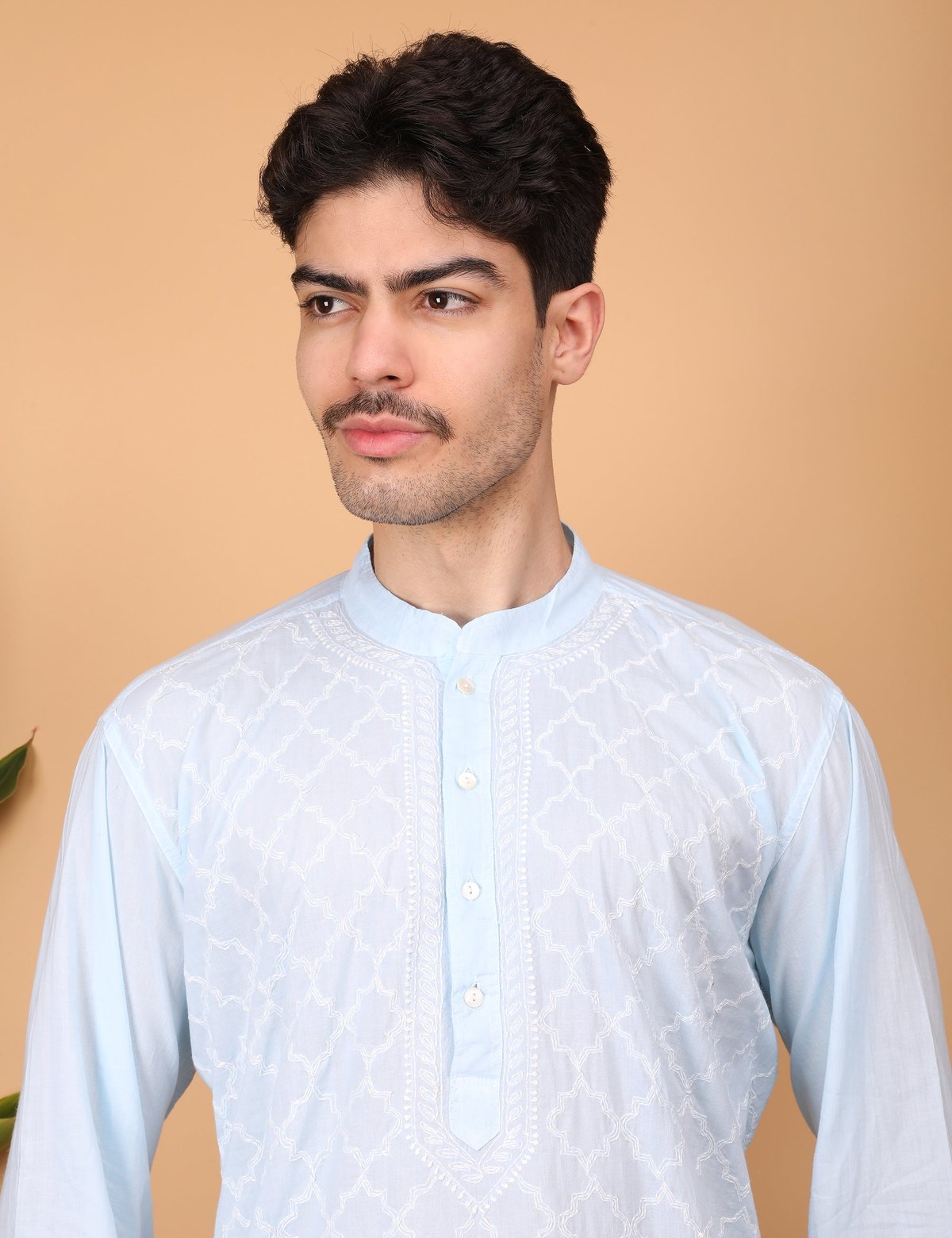 Shwet Men Cotton Sky blue Chikankari Kurta - Handcrafted Chikankari embroidery. Premium quality fabric.