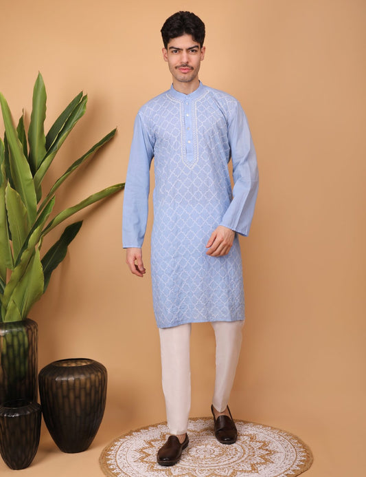 shwet men cotton Lavender chikankari kurta - Handcrafted Chikankari embroidery, front view. Premium quality fabric.