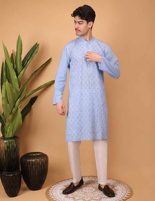 shwet men cotton Lavender chikankari kurta - Handcrafted Chikankari embroidery, close-up detail. Premium quality fabric.