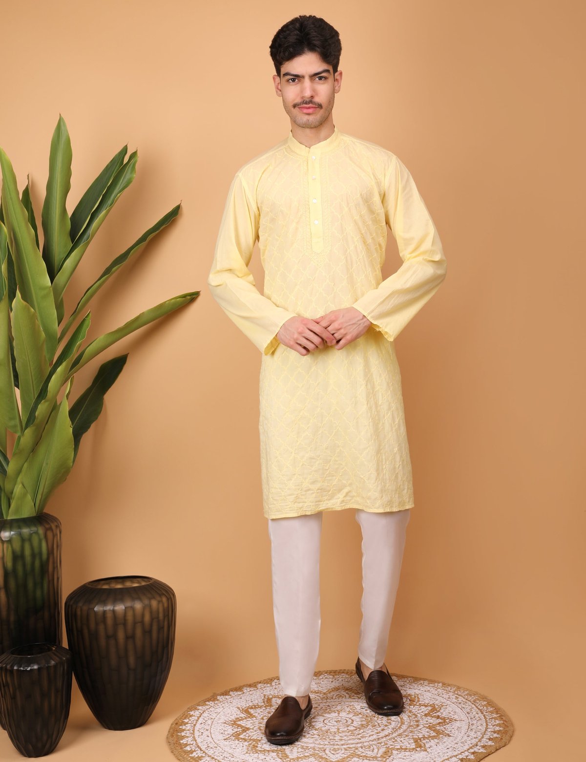 Shwet Men Cotton Yellow Chikankari Kurta - Handcrafted Chikankari embroidery, front view. Premium quality fabric.