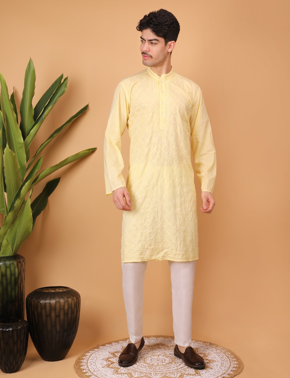 Shwet Men Cotton Yellow Chikankari Kurta - Handcrafted Chikankari embroidery, close-up detail. Premium quality fabric.