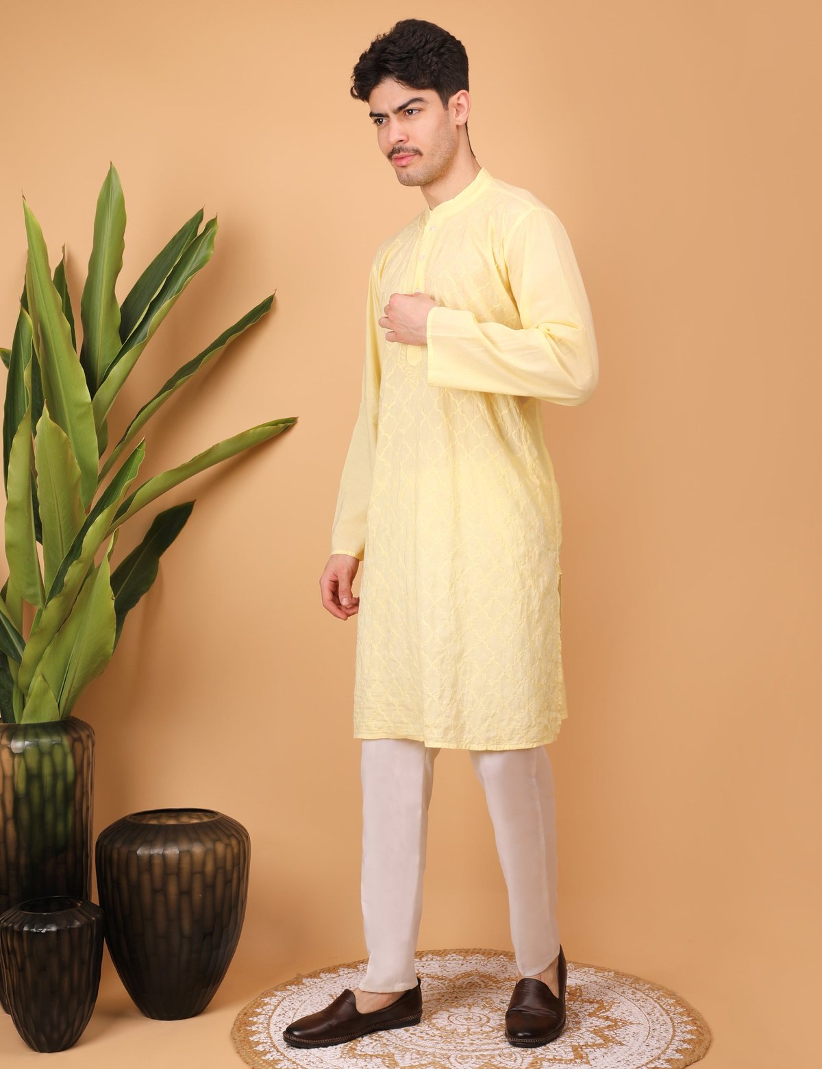 Shwet Men Cotton Yellow Chikankari Kurta - Handcrafted Chikankari embroidery, styling example. Premium quality fabric.
