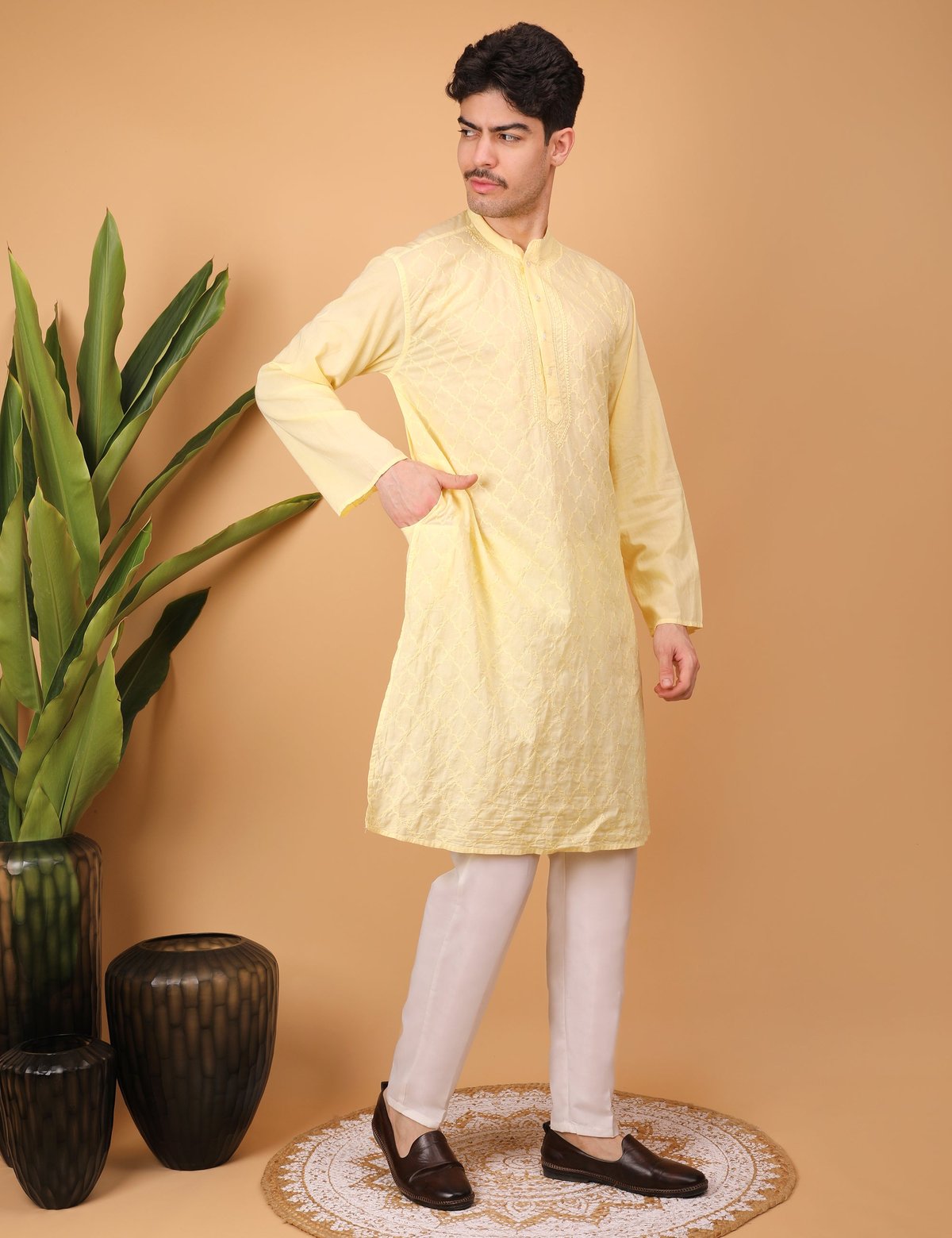 Shwet Men Cotton Yellow Chikankari Kurta - Handcrafted Chikankari embroidery. Premium quality fabric.