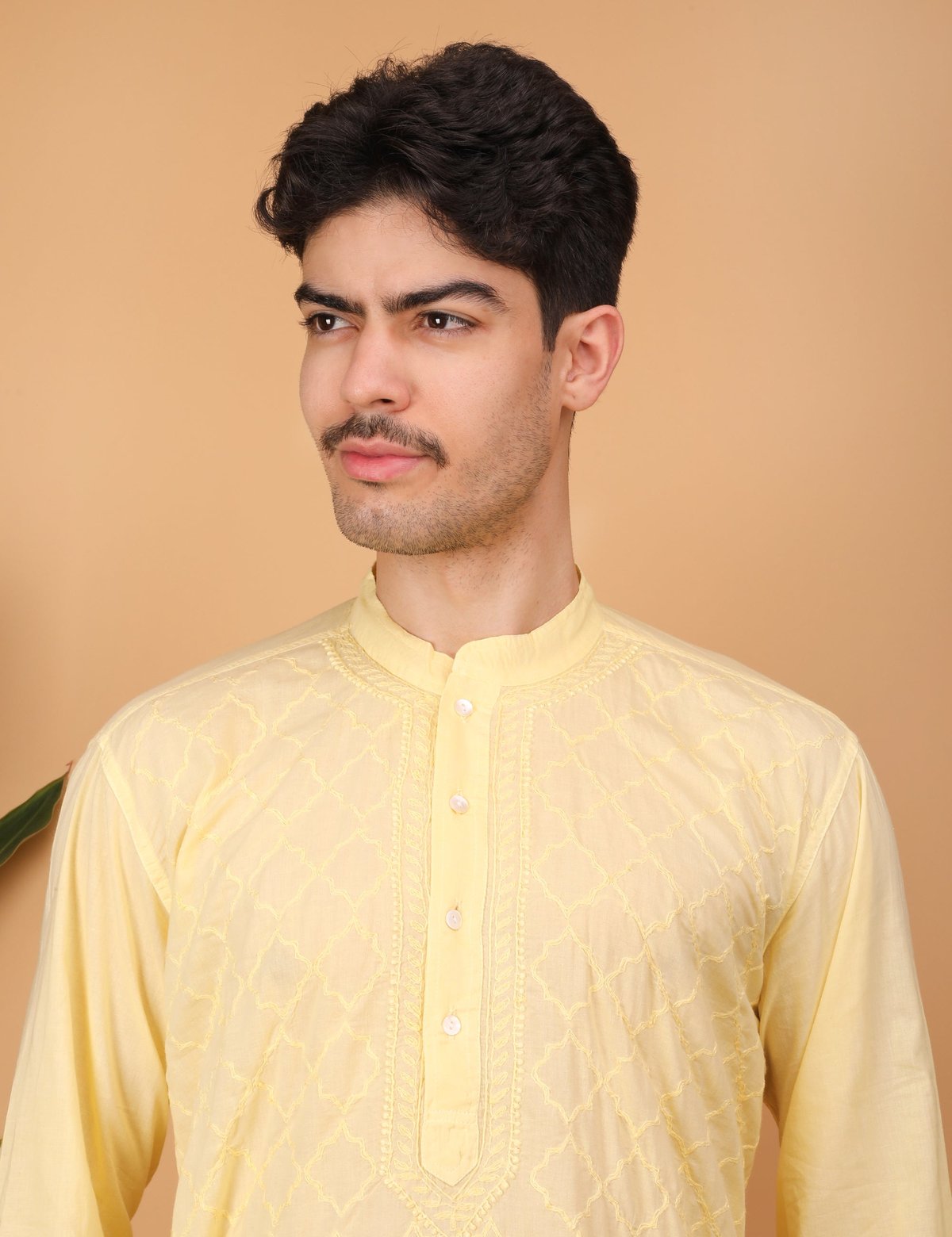 Shwet Men Cotton Yellow Chikankari Kurta - Handcrafted Chikankari embroidery. Premium quality fabric.