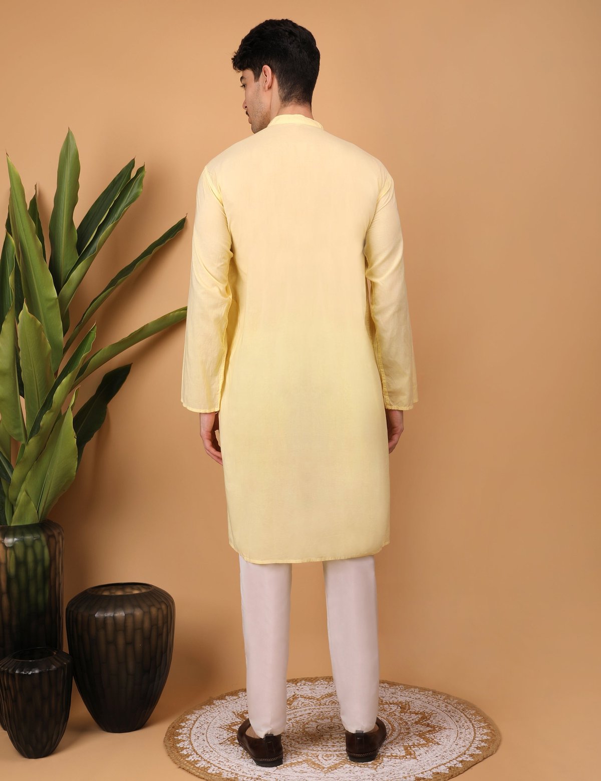 Shwet Men Cotton Yellow Chikankari Kurta - Handcrafted Chikankari embroidery. Premium quality fabric.