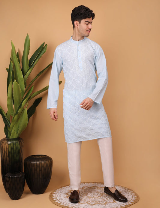 shwet men cotton blue chikankari kurta - Handcrafted Chikankari embroidery, close-up detail. Premium quality fabric.