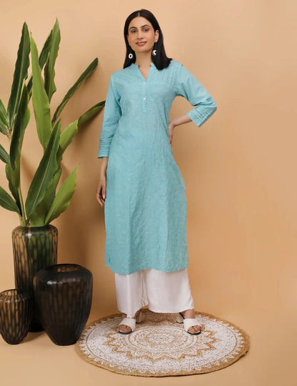 Shwet Artistry Shwet Women Cyan Blue Chikankari Kurta - Premium Chikankari Collection