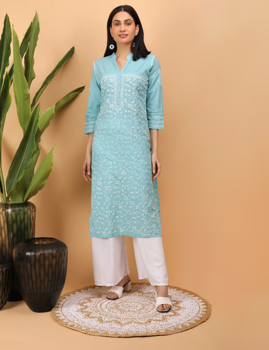 Shwet Women Sea Blue Hand Embroidered Chikankari Pintex Kurta