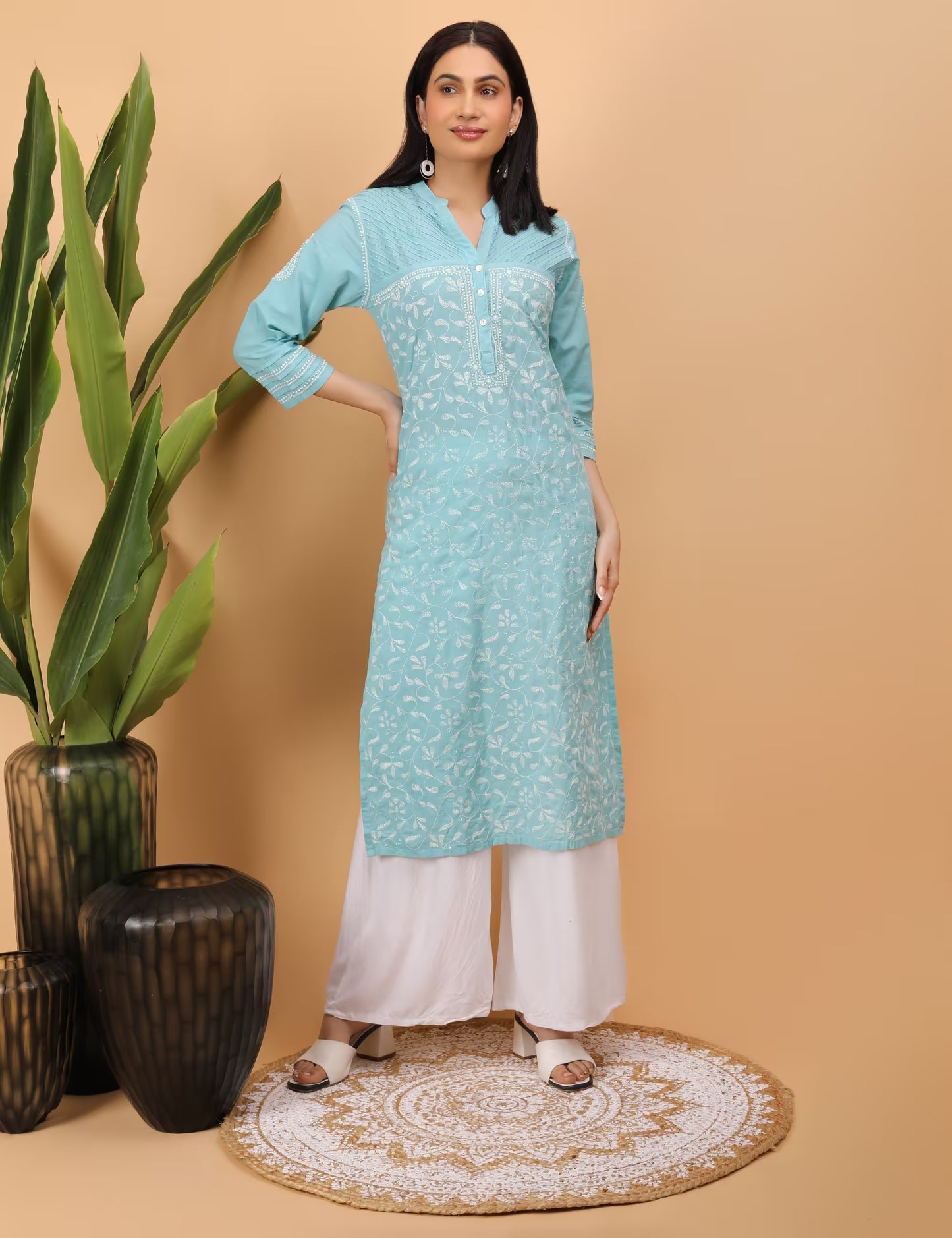 Shwet Women Sea Blue Hand Embroidered Chikankari Pintex Kurta