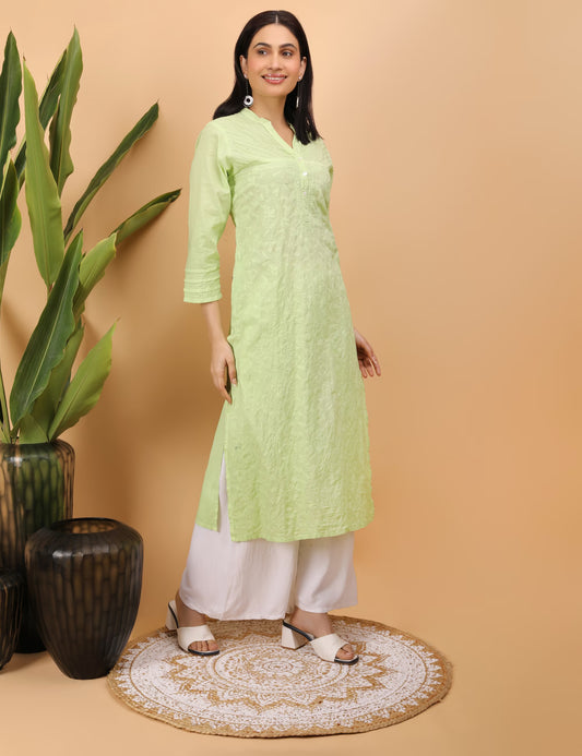 Shwet Women Green Hand Embroidered Chikankari Pintex Kurta