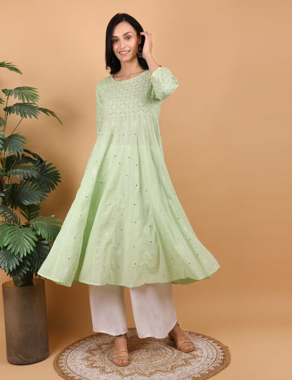 Shwet Women Pista Green Hand Embroidered Chikankari Kali Dress - Shwet Artistry