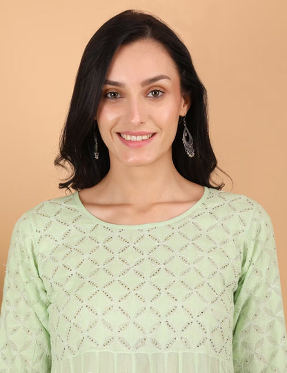 Shwet Women Pista Green Hand Embroidered Chikankari Kali Dress - Shwet Artistry