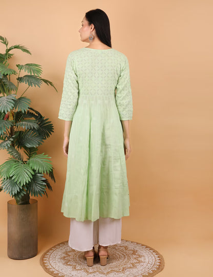 Shwet Women Pista Green Hand Embroidered Chikankari Kali Dress - Shwet Artistry