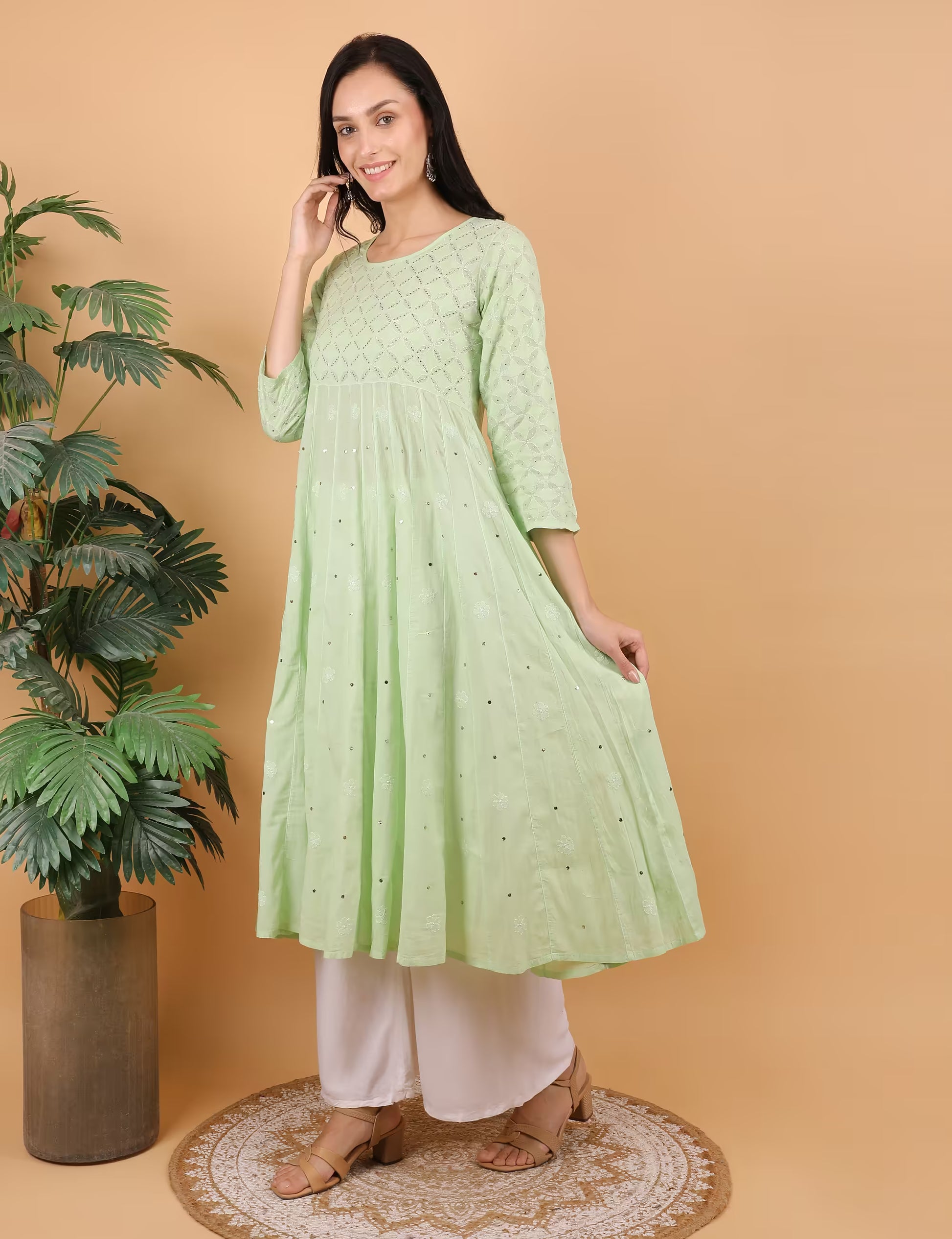 Shwet Women Pista Green Hand Embroidered Chikankari Kali Dress - Shwet Artistry