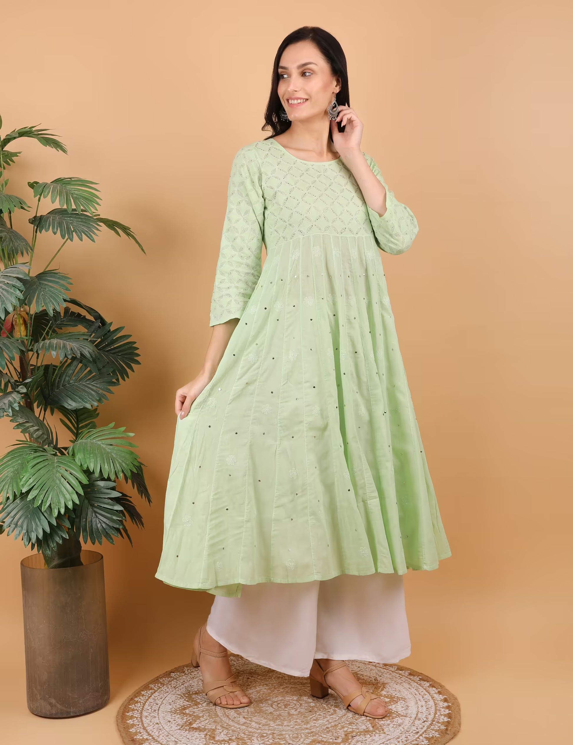 Shwet Women Pista Green Hand Embroidered Chikankari Kali Dress - Shwet Artistry