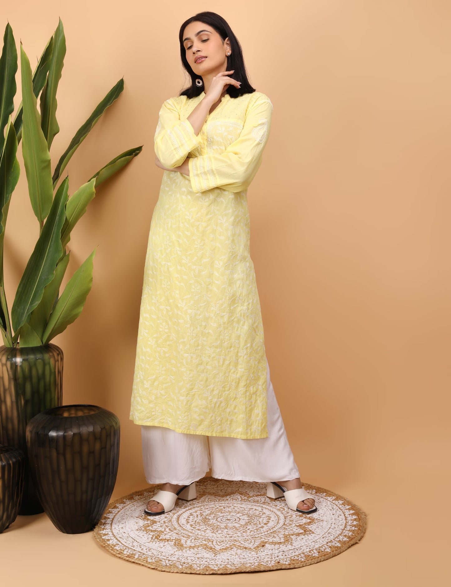 Shwet Women Yellow & White Hand Embroidered Chikankari Pintex Kurta