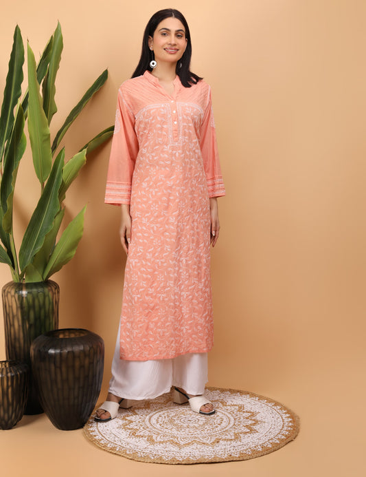 Shwet Women Hand Embroidered Chikankari Peach Pintex Kurti