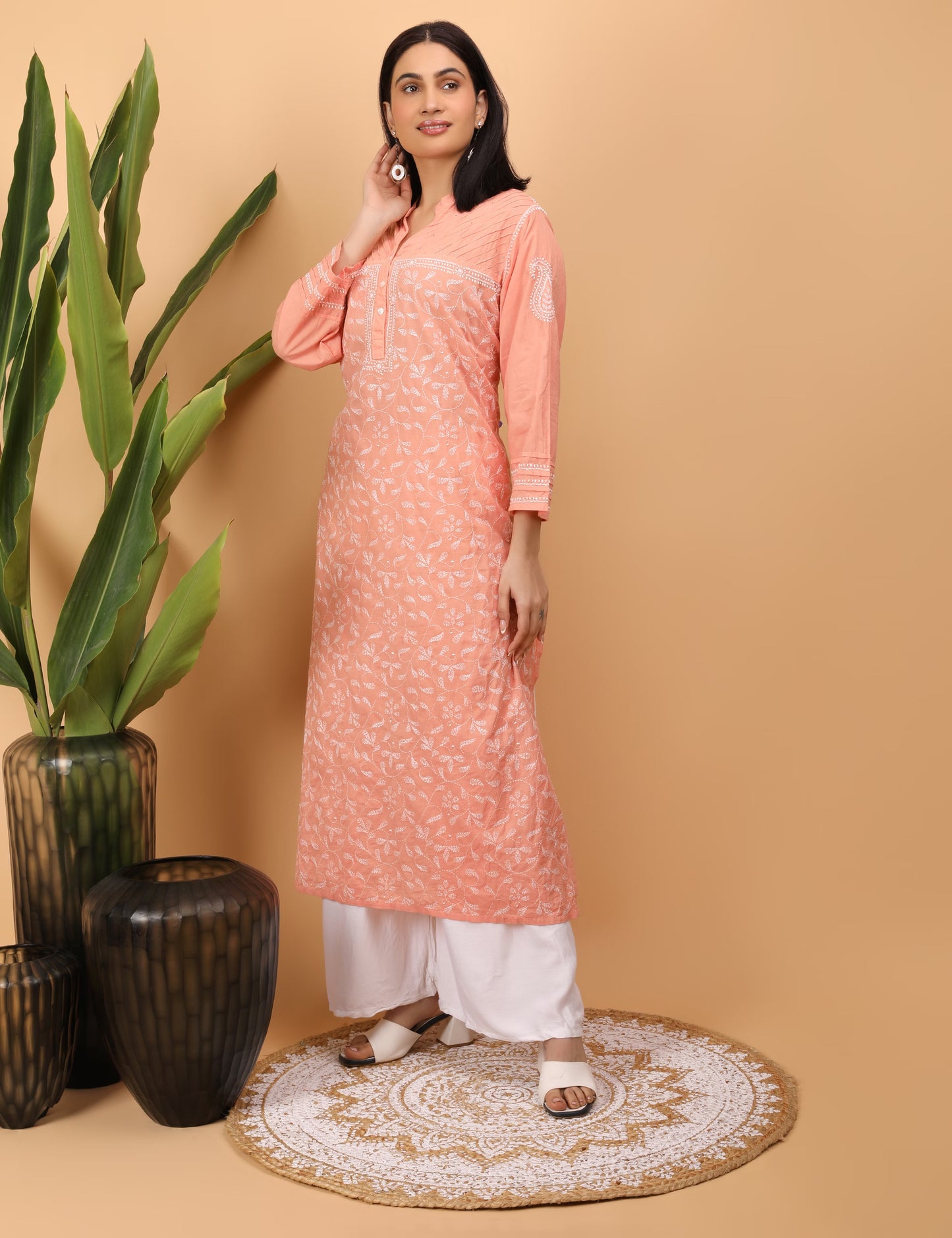 Shwet Women Hand Embroidered Chikankari Peach Pintex Kurti