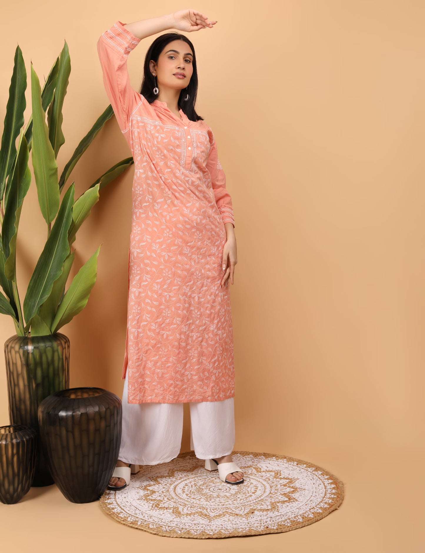 Shwet Women Hand Embroidered Chikankari Peach Pintex Kurti
