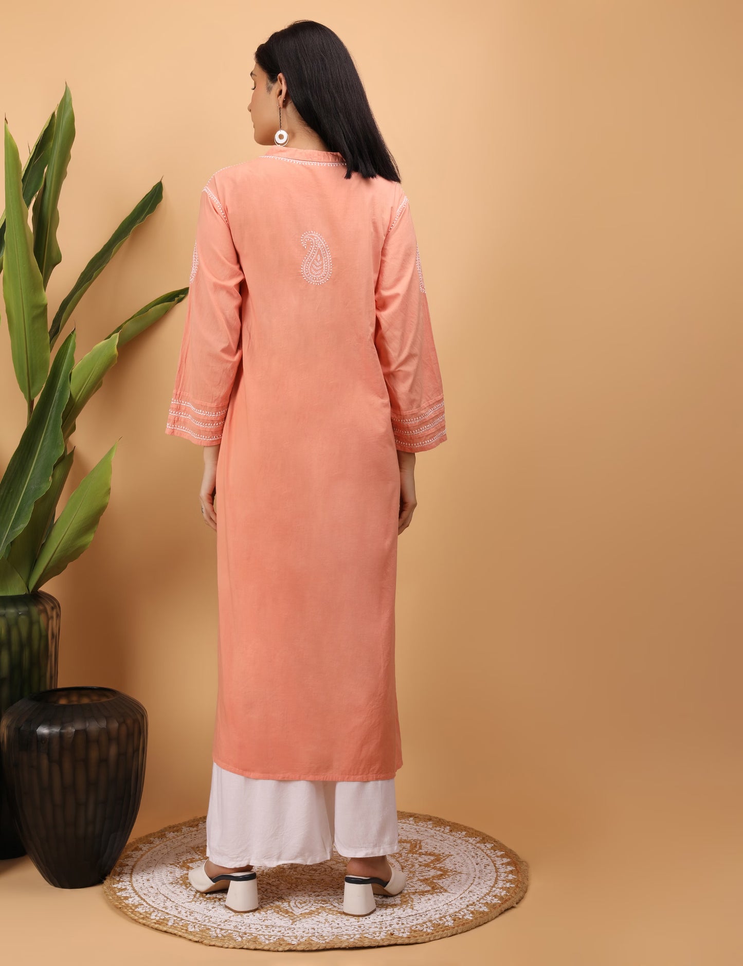 Shwet Women Hand Embroidered Chikankari Peach Pintex Kurti