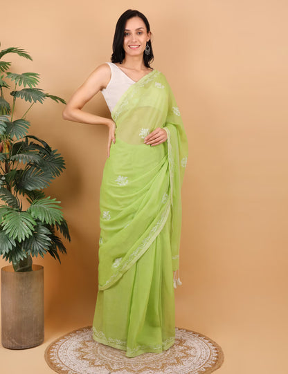Shwet Women Green  Hand Embroidered Chikankari  Mulmul Saree - Shwet Artistry