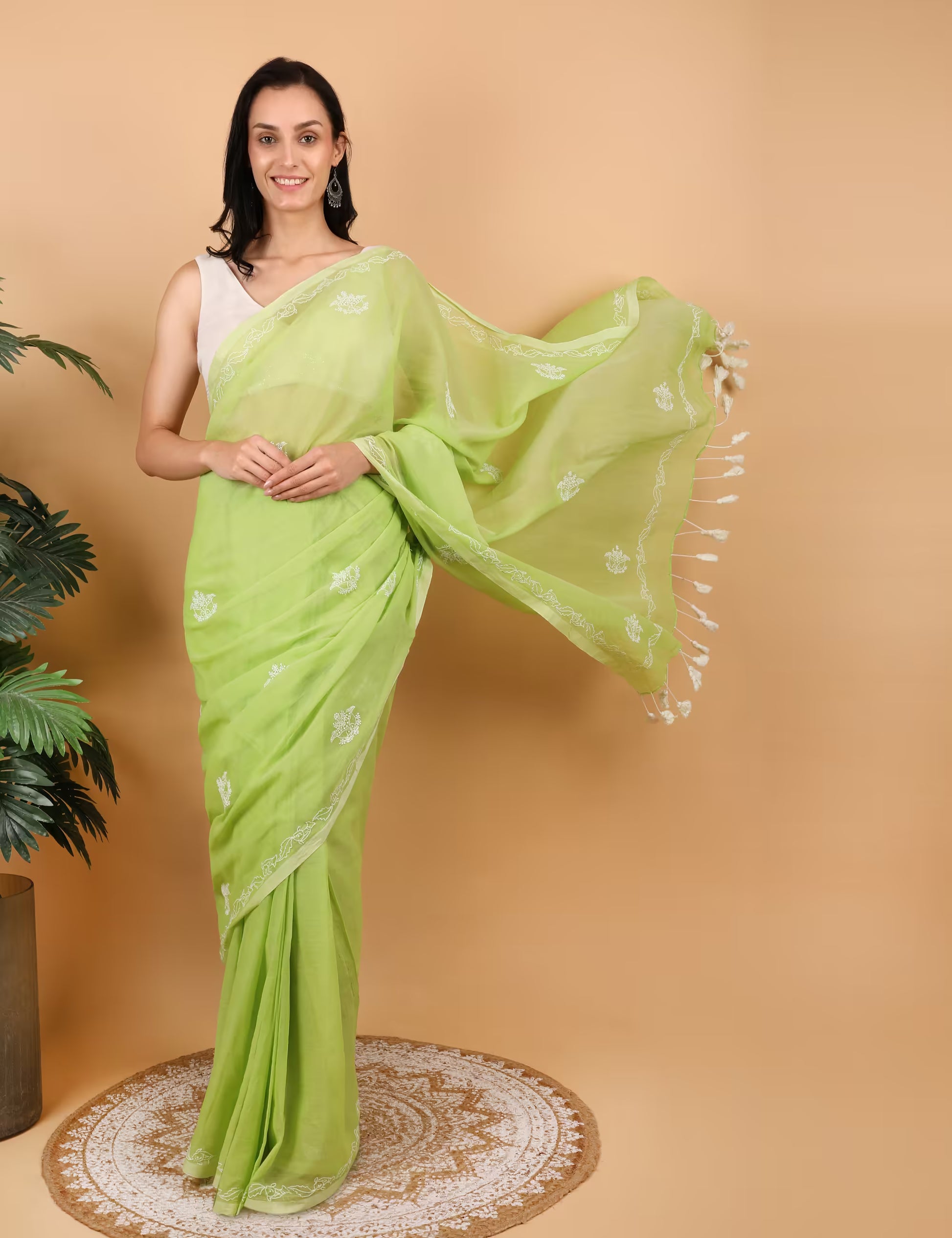 Shwet Women Green  Hand Embroidered Chikankari  Mulmul Saree - Shwet Artistry