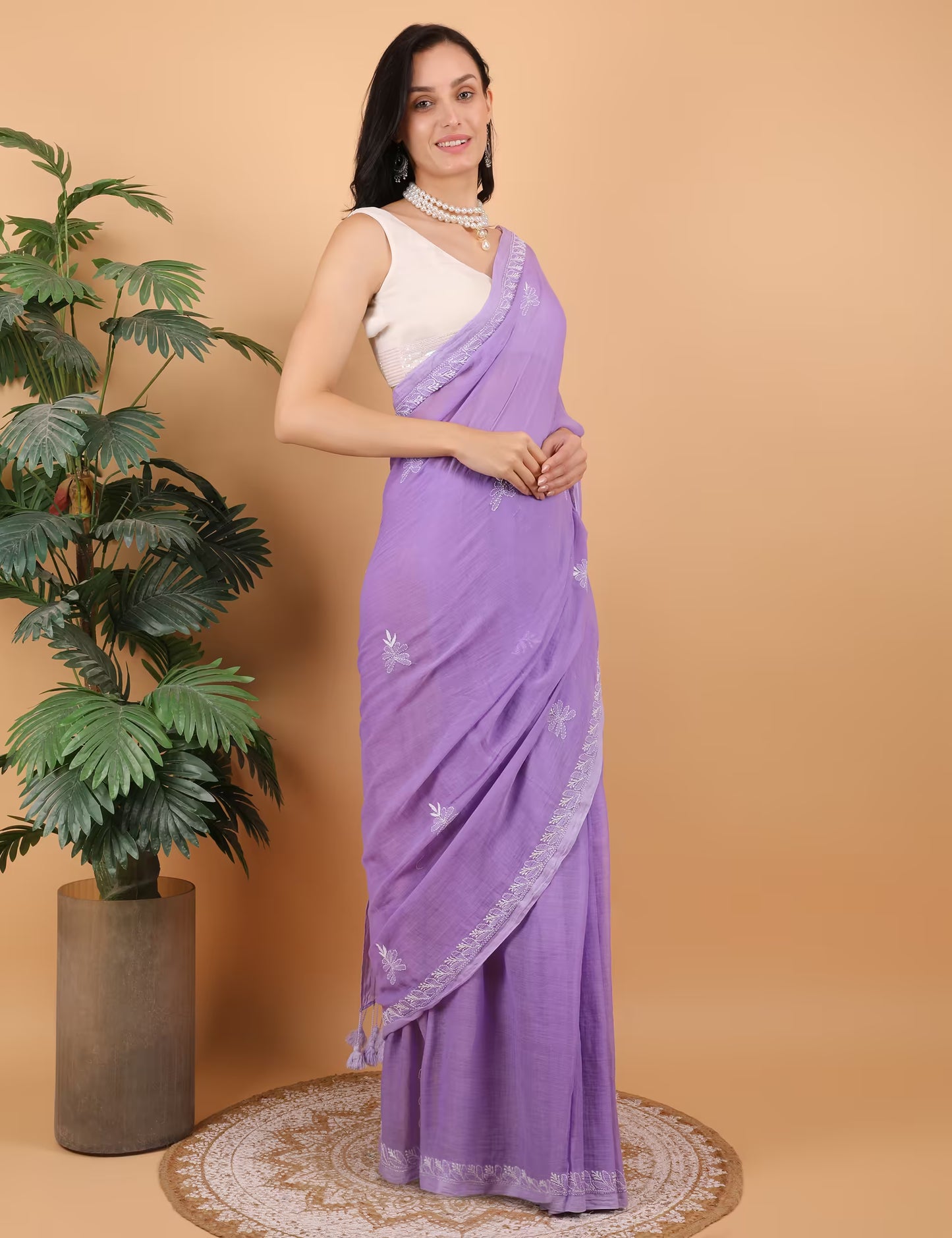 Shwet Women  Purple Hand Embroidered Chikankari  Mulmul Saree - Shwet Artistry