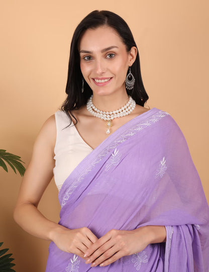 Shwet Women  Purple Hand Embroidered Chikankari  Mulmul Saree - Shwet Artistry