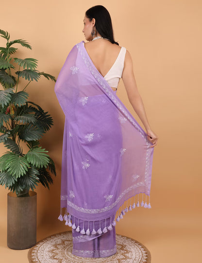 Shwet Women  Purple Hand Embroidered Chikankari  Mulmul Saree - Shwet Artistry