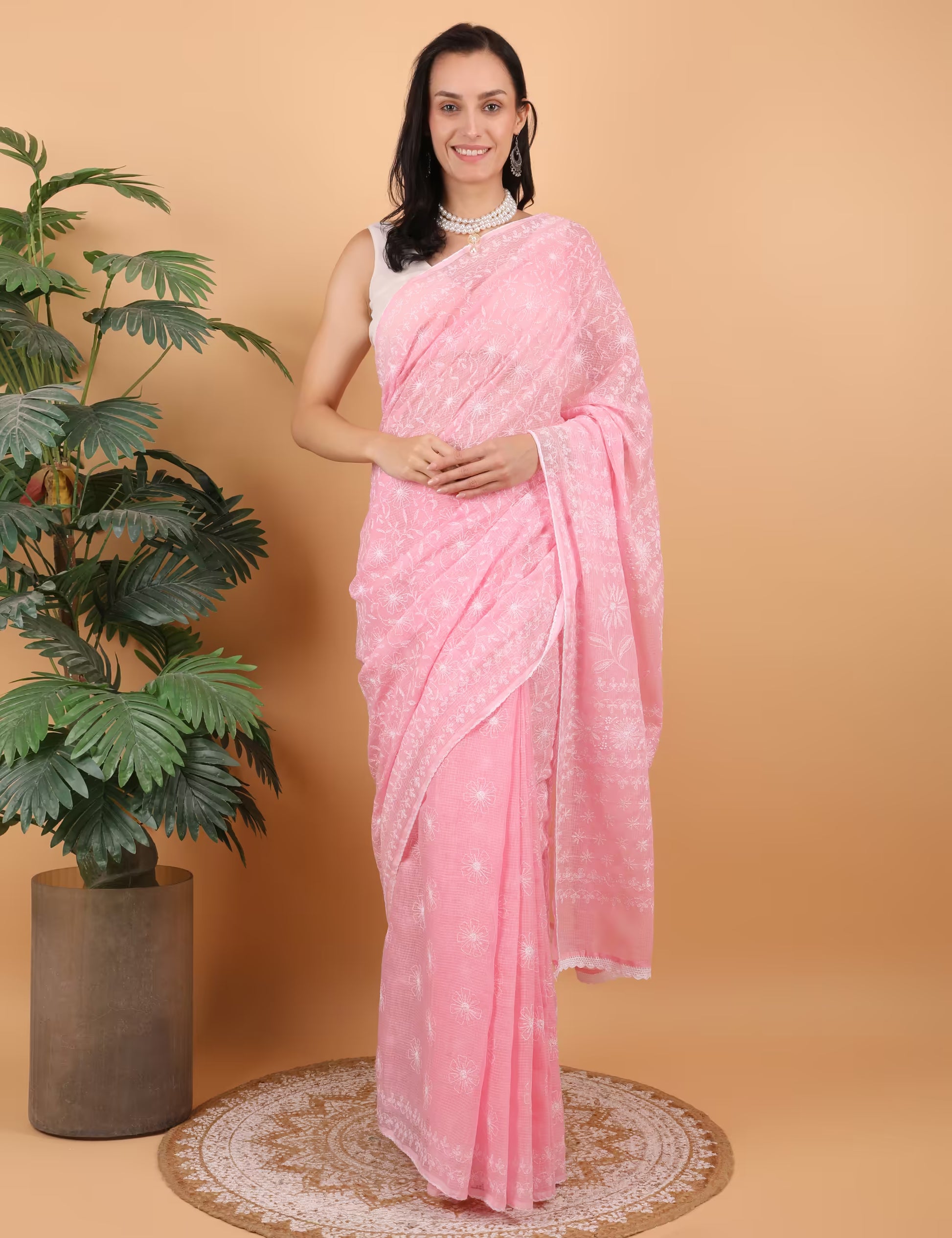Shwet Women Hand Embroidered  Baby Pink Kota Cotton Chikankari Saree - Shwet Artistry
