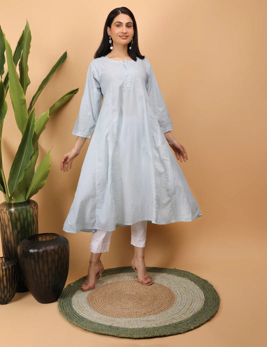 Shwet Artistry Shwet Women Grey Chikankari kali Kurti - Premium Chikankari Collection