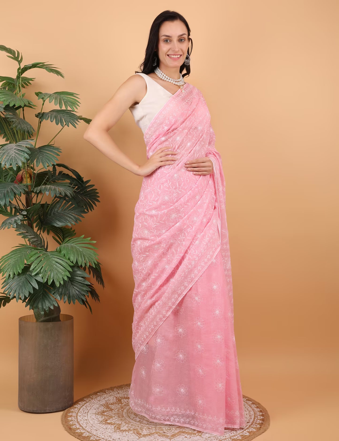 Shwet Women Hand Embroidered  Baby Pink Kota Cotton Chikankari Saree - Shwet Artistry