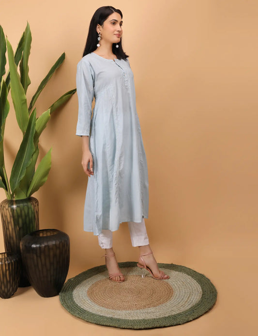 Shwet Artistry Shwet Women Grey Chikankari kali Kurti - Premium Chikankari Collection