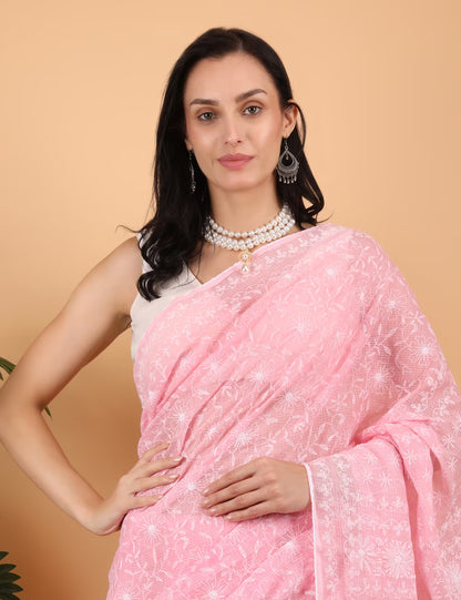 Shwet Women Hand Embroidered  Baby Pink Kota Cotton Chikankari Saree - Shwet Artistry