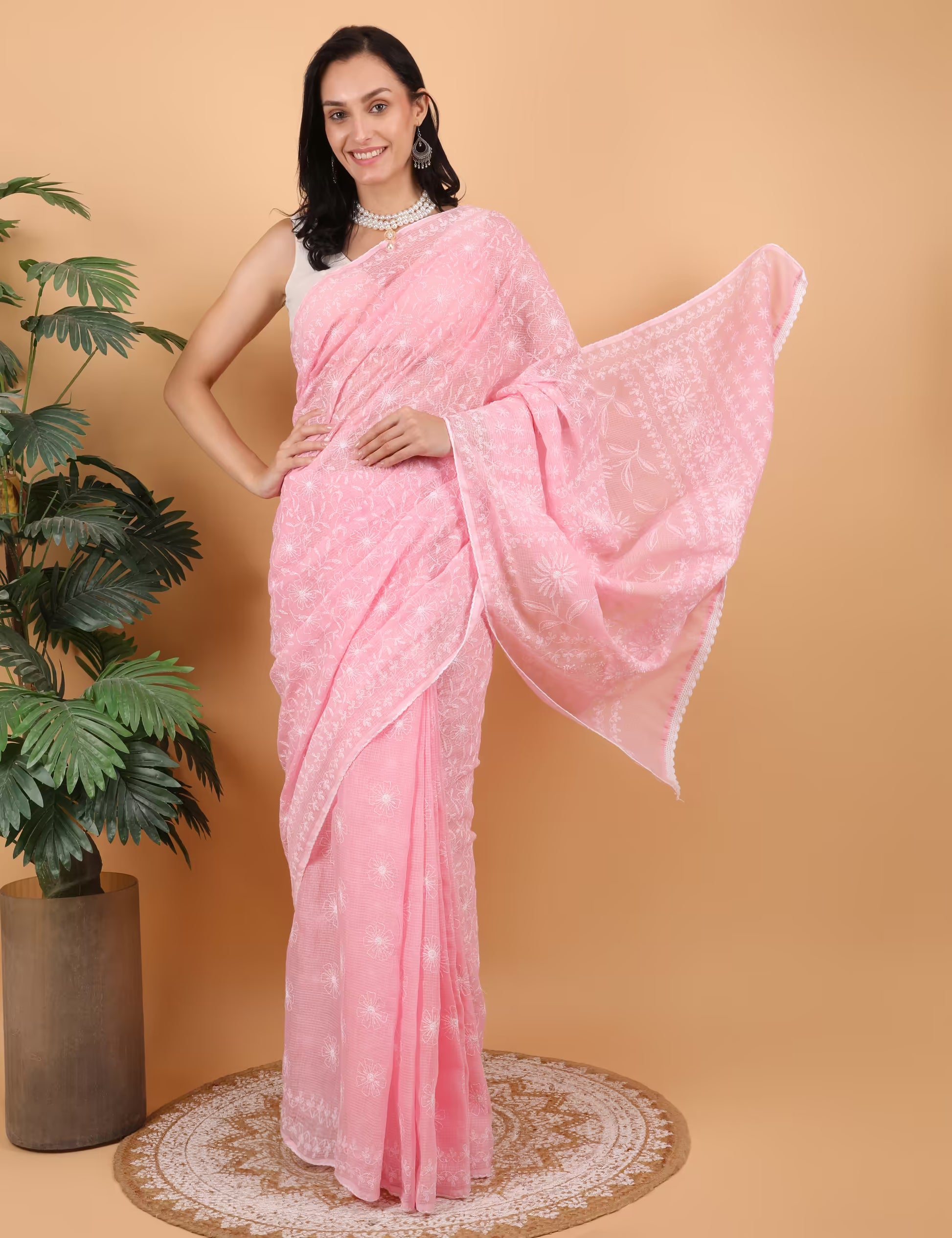 Shwet Women Hand Embroidered  Baby Pink Kota Cotton Chikankari Saree - Shwet Artistry