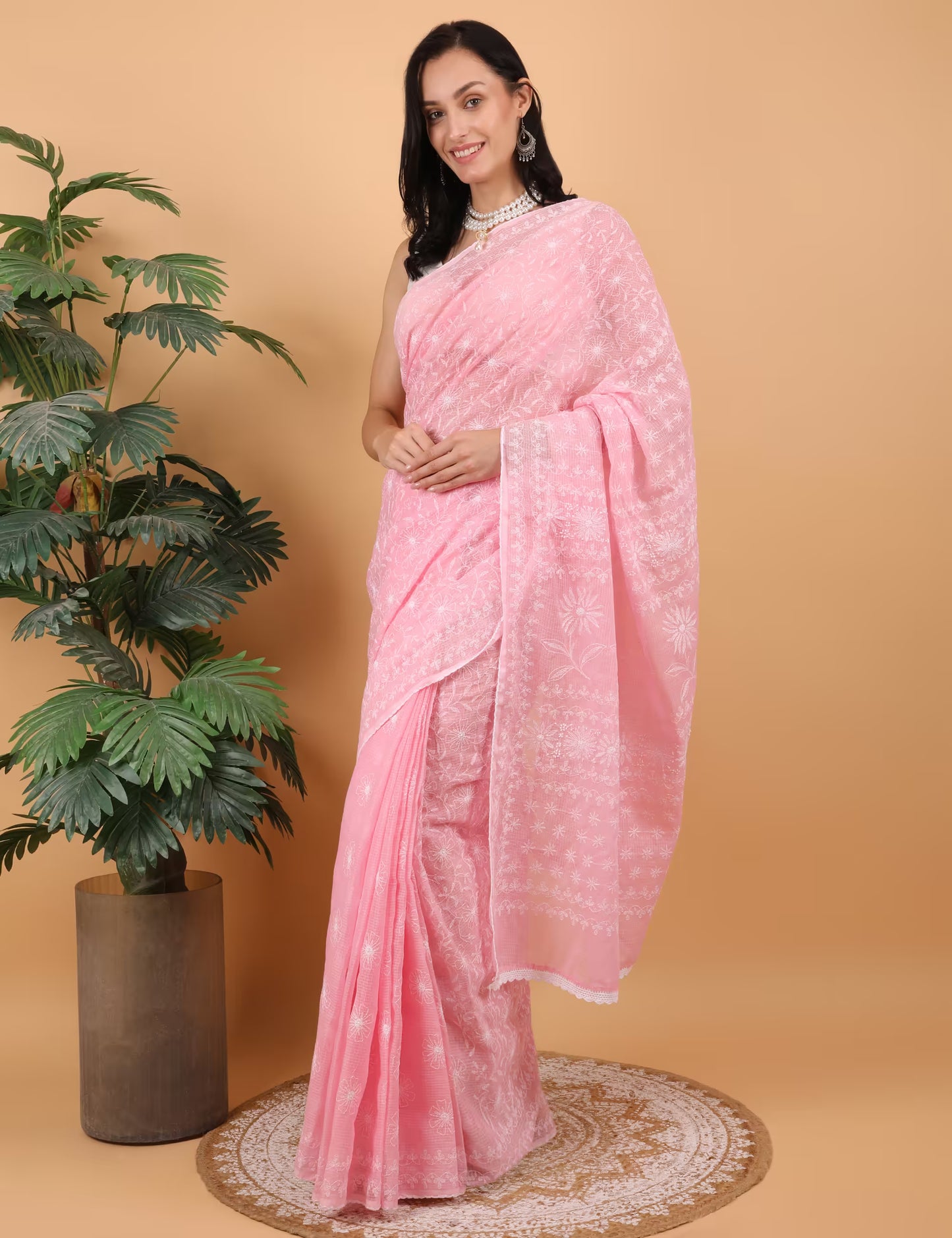 Shwet Women Hand Embroidered  Baby Pink Kota Cotton Chikankari Saree - Shwet Artistry