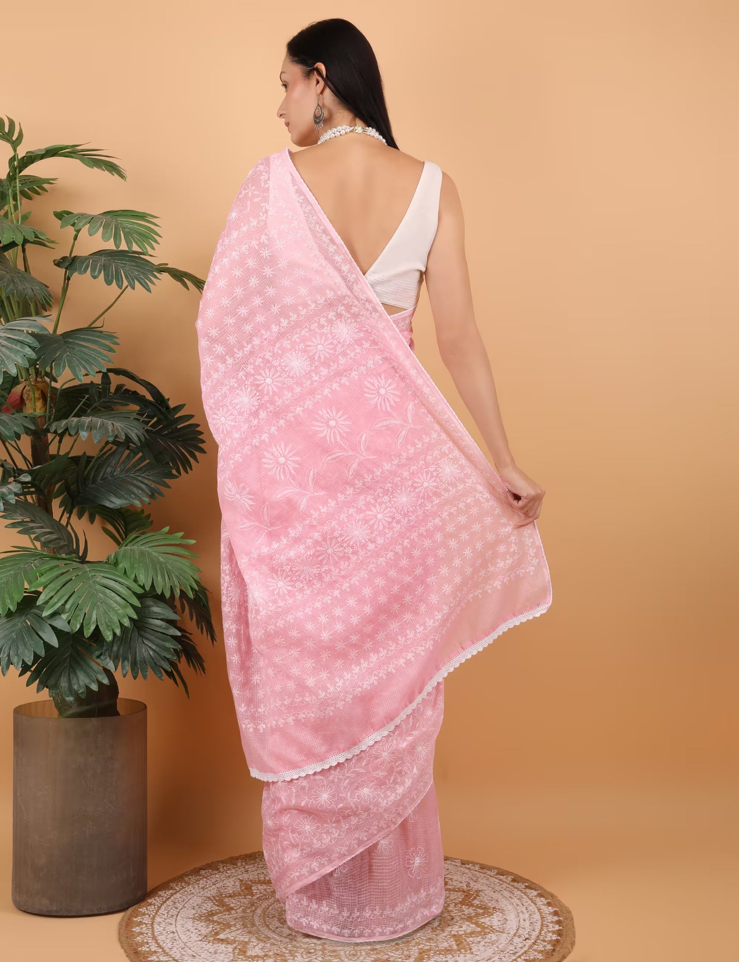 Shwet Women Hand Embroidered  Baby Pink Kota Cotton Chikankari Saree - Shwet Artistry