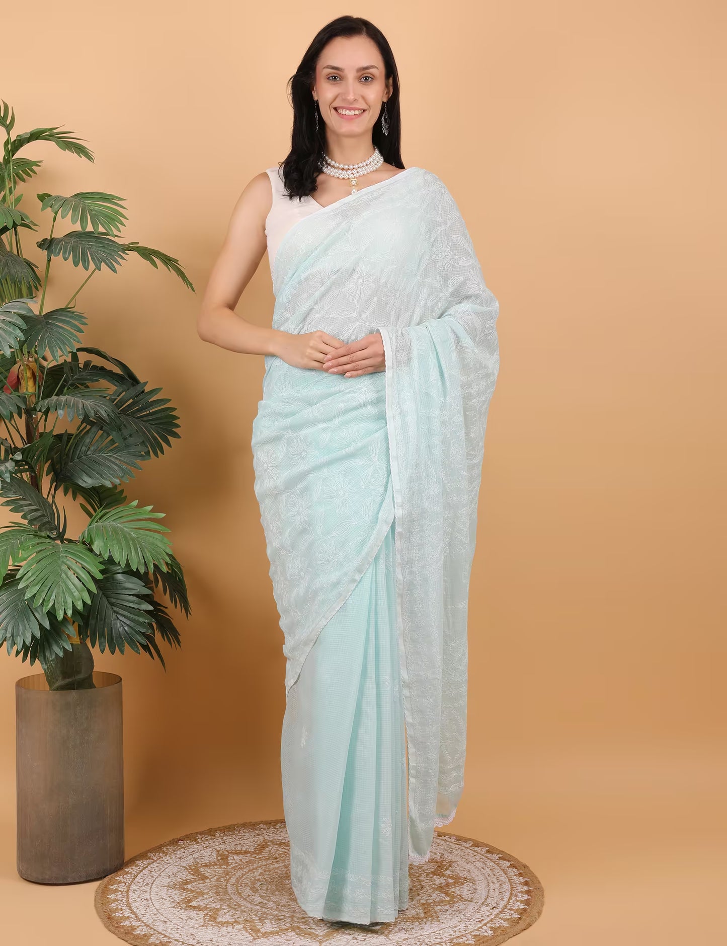 Shwet Women Hand Embroidered Sea Blue Kota Cotton Chikankari Saree - Shwet Artistry